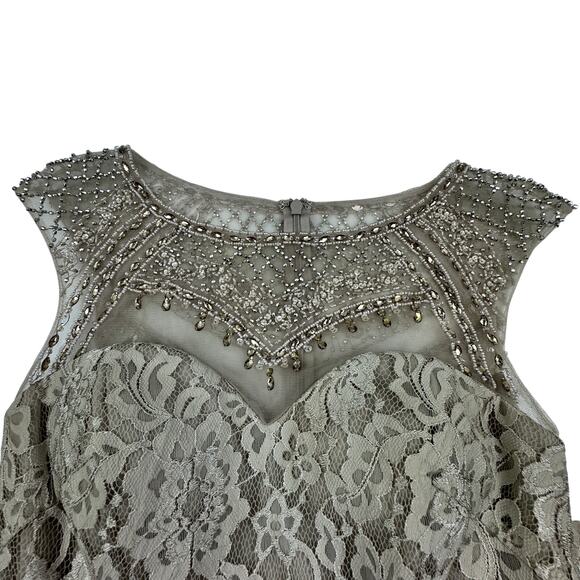 Cameron Blake Beige Neutral Full Length Lace Gown With Beaded Detail Women's 4 - Picture 3 of 13